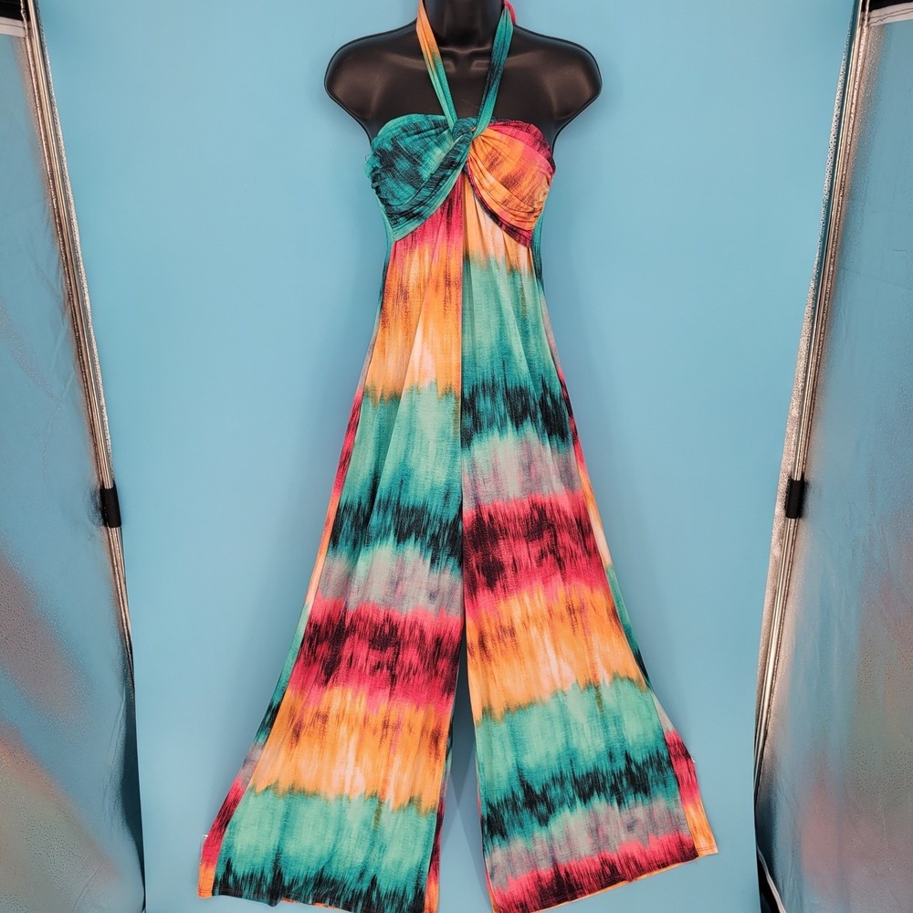 Magnolia Tie Dye Jumpsuit Halter Wide Leg Boho Festive Palooza stretch resort M